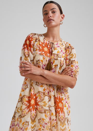Cream Kaleidoscope Print Puff Sleeve Mini Dress