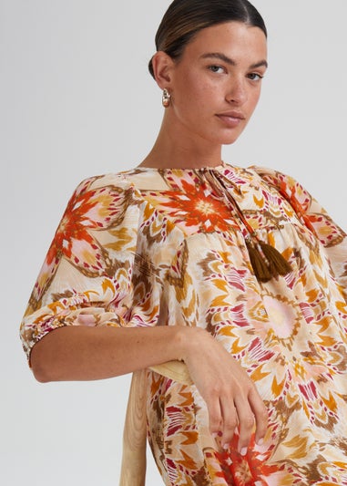 Cream Kaleidoscope Print Puff Sleeve Mini Dress
