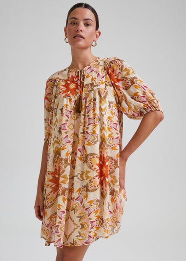 Cream Kaleidoscope Print Puff Sleeve Mini Dress