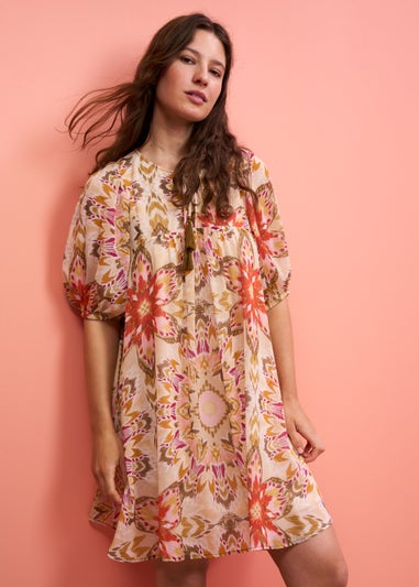 Cream Kaleidoscope Print Puff Sleeve Mini Dress