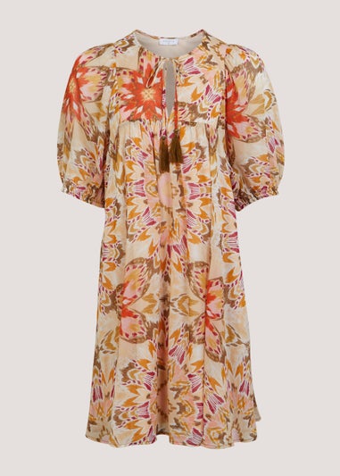 Cream Kaleidoscope Print Puff Sleeve Mini Dress