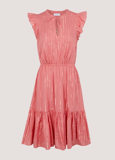 Pink Metallic Stripe V-Neck Knee Length Dress