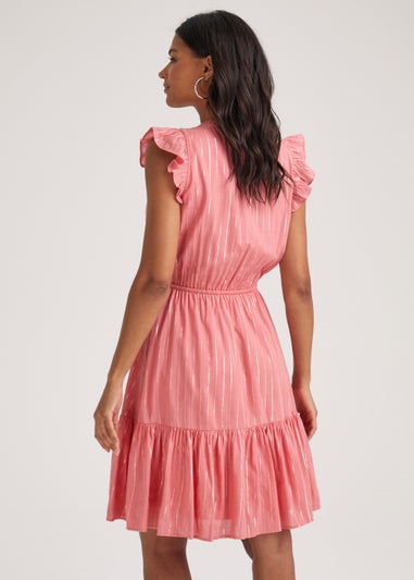 Pink Metallic Stripe V-Neck Knee Length Dress