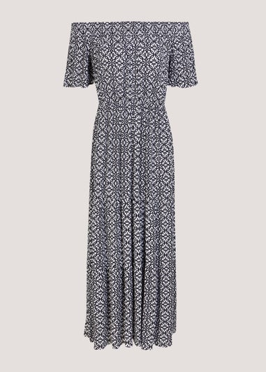 Tile Print Crinkle Bardot Maxi Dress