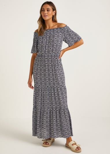 Tile Print Crinkle Bardot Maxi Dress