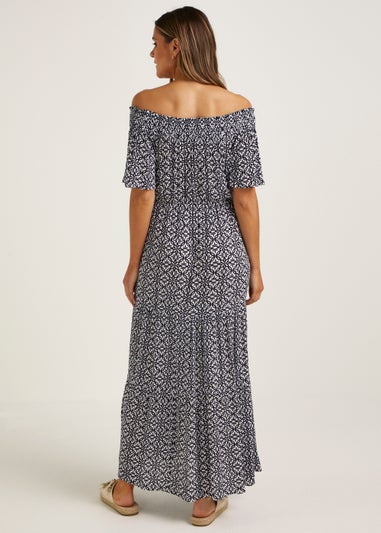 Tile Print Crinkle Bardot Maxi Dress