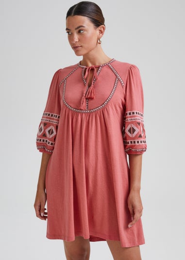 Pink Embroidered Tunic Mini Dress