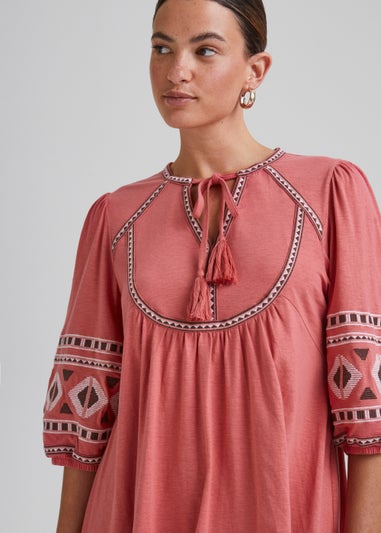 Pink Embroidered Tunic Mini Dress