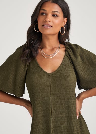 Khaki Crinkle Angel Sleeve Midi Dress