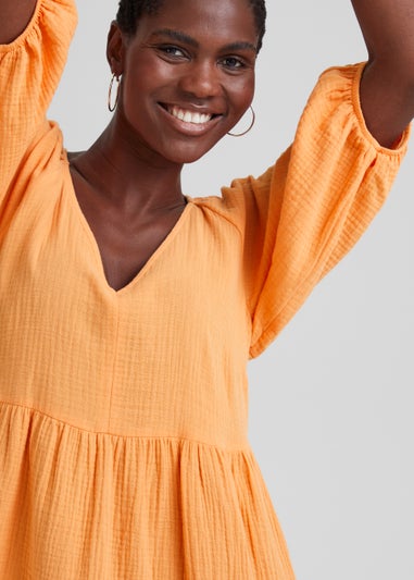 Orange V-Neck Double Cloth Mini Dress