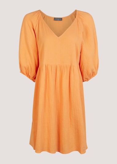 Orange V-Neck Double Cloth Mini Dress