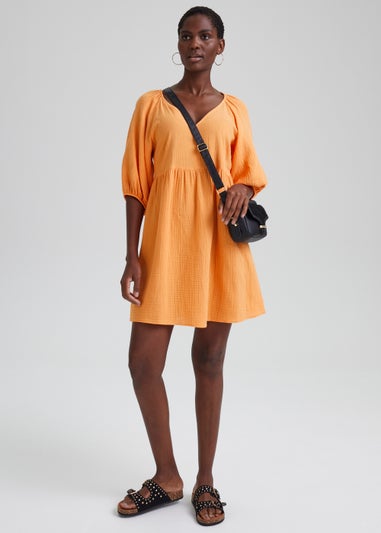 Orange V-Neck Double Cloth Mini Dress