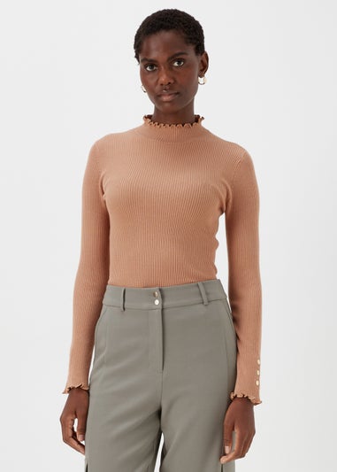 Et Vous Beige High Neck Line Knit Long Sleeve T-Shirt