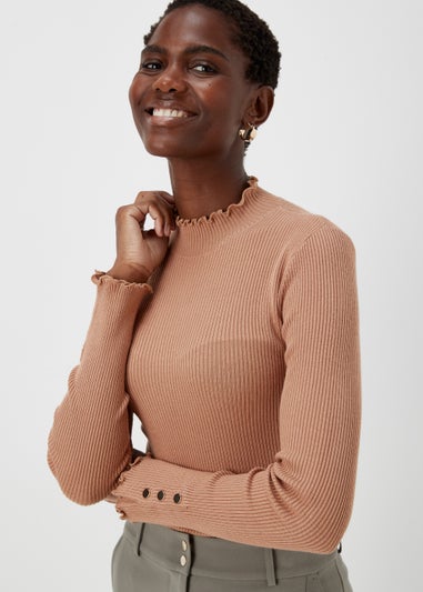 Et Vous Beige High Neck Line Knit Long Sleeve T-Shirt