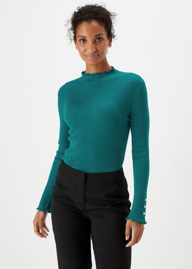 Et Vous Teal High Neck Line Knit Long Sleeve Top