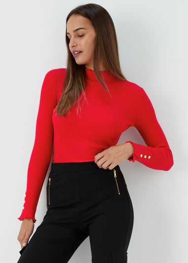 Et Vous Red High Neck Line Knit Long Sleeve T-Shirt