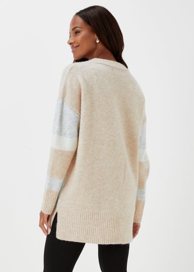 Beige Marl Colour Block Tunic Jumper