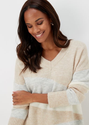 Beige Marl Colour Block Tunic Jumper