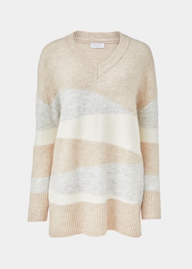 Beige Marl Colour Block Tunic Jumper