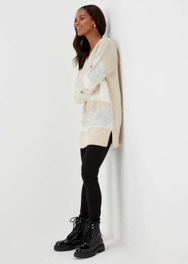 Beige Marl Colour Block Tunic Jumper