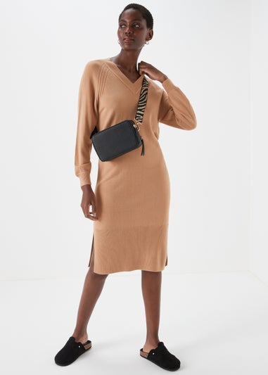 Camel V-Neck Soft Dress