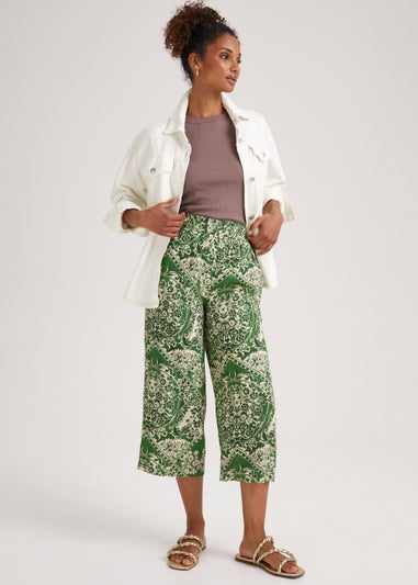 Green Print Cropped Trousers