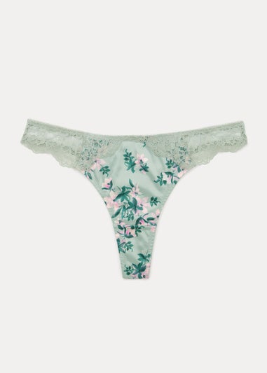 Green Satin Floral Print Thong