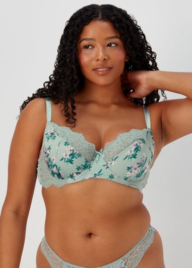 DD+ Green Satin Floral Print Bra