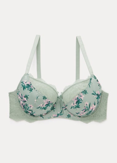 DD+ Green Satin Floral Print Bra