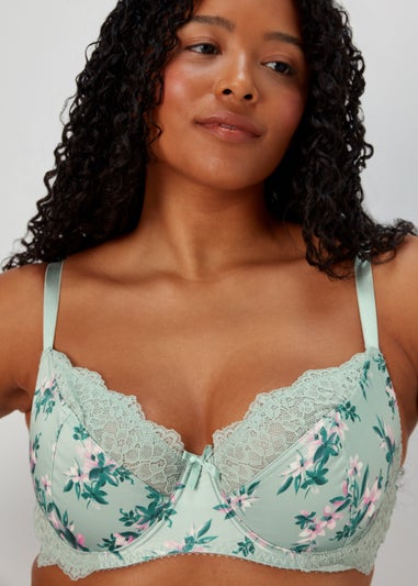 DD+ Green Satin Floral Print Bra