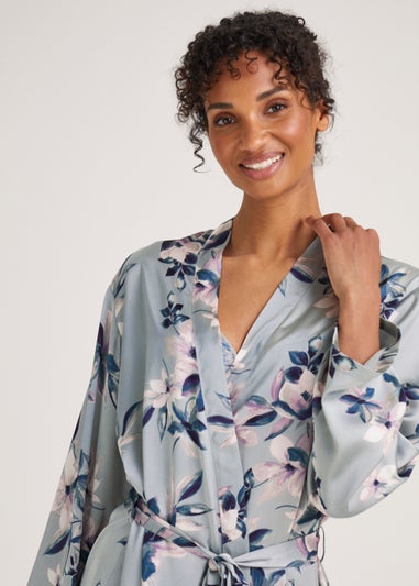 Green Floral Print Satin Dressing Gown