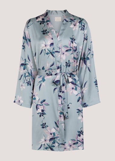 Green Floral Print Satin Dressing Gown