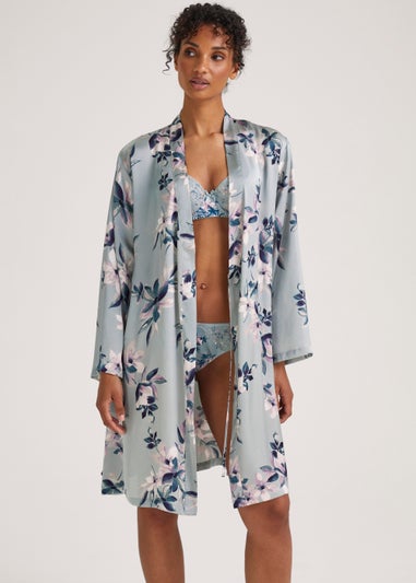 Green Floral Print Satin Dressing Gown