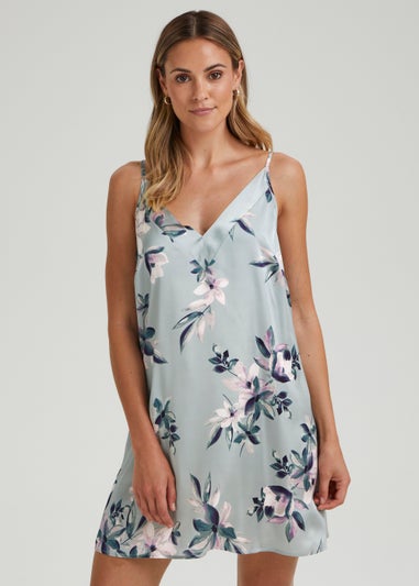 Green Satin Floral Print Nightie