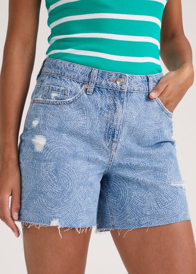 Blue Print Denim Shorts