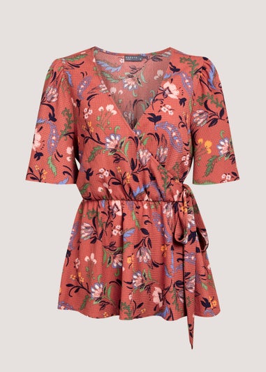 Papaya Curve Coral Floral Jersey Wrap Top