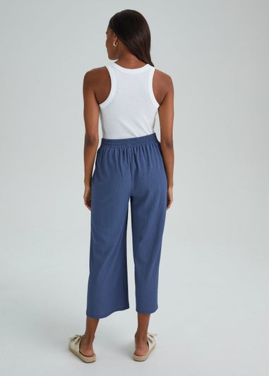 Blue Textured Cropped Trousers