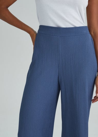 Blue Textured Cropped Trousers