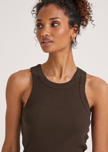 Brown High Neck Ribbed Vest Top