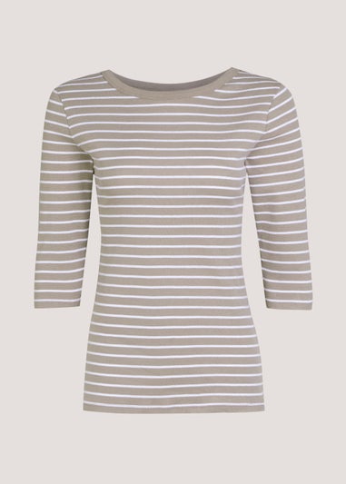 Beige Stripe 3/4 Sleeve T-Shirt