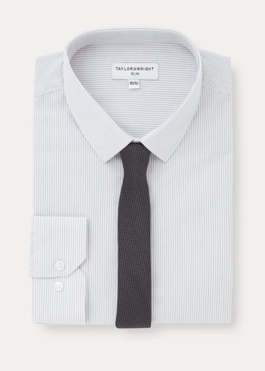 Taylor & Wright White & Grey Stripe Slim Fit Shirt & Tie