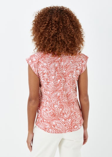 Red Paisley Print V Neck Top