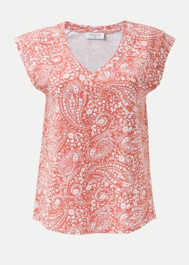 Red Paisley Print V Neck Top