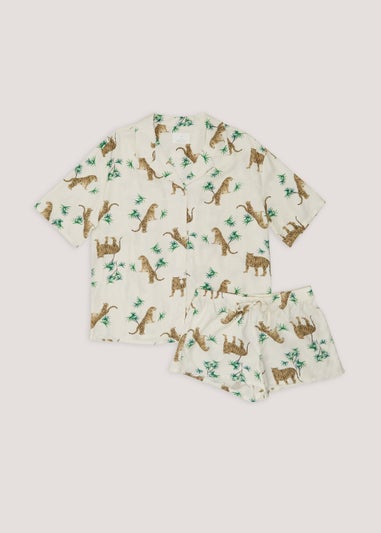 Cream Animal Print Short Traditional Pyjama Set