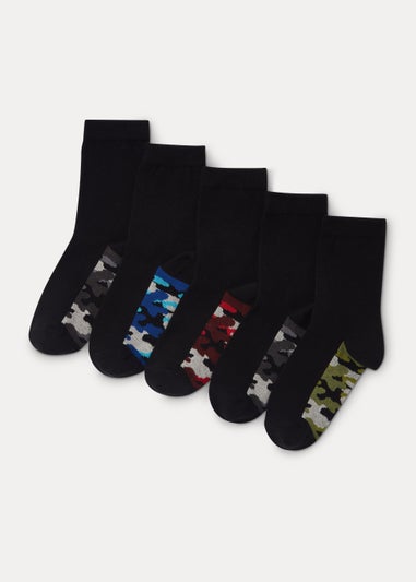 Kids 5 Pack Black Camouflage Ankle Socks (Younger 6-Older 6.5)