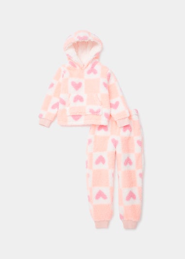 Girls Pink Heart Check Fleece Snuggle Hoodie & Bottoms Set (4-12yrs)