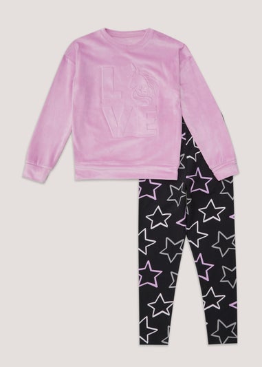 Girls Pink & Black Love Embossed Unicorn Pyjama Set (4-13yrs) - Age 4 Years