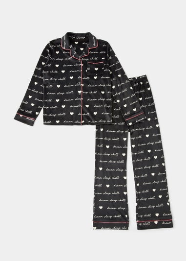 Girls Black Velour Slogan Button Up Pyjama Set (4-13yrs)