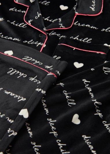 Girls Black Velour Slogan Button Up Pyjama Set (4-13yrs)