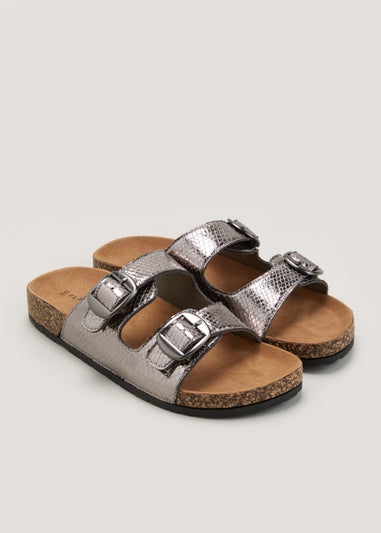 Pewter Double Buckle Footbed Sandals - Matalan